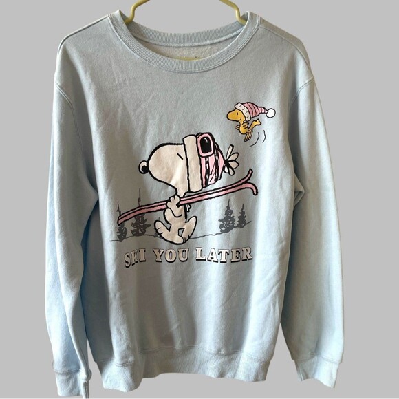 Snoopy Graphics Sweatshirt Size Large Love Tribe Light Blue Crewneck Holidays - Picture 3 of 7